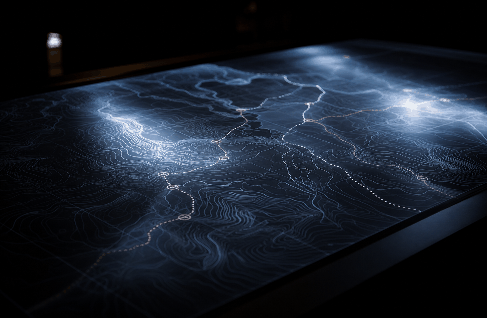 Illuminated strategic map with marked routes and decision points